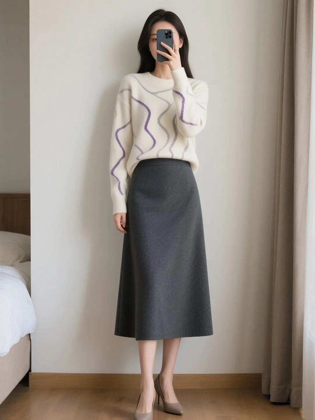 

Slimming Effectiven Korean Sle Women's Sweater Skirt Set High Waist A-Line Skirt Commute Friendly Long Sve round Ne
