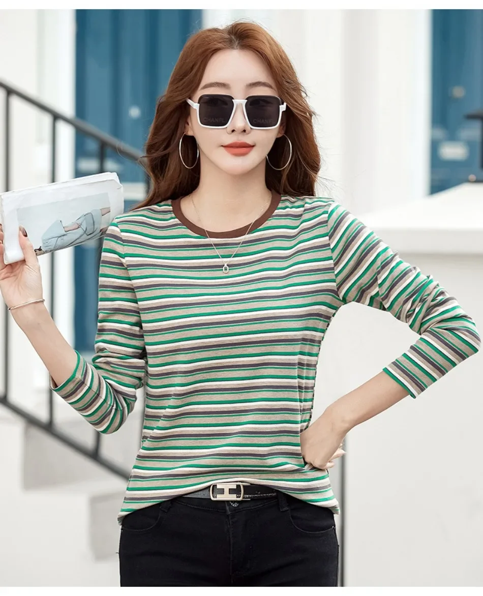 2024 neue Damen bekleidung Rundhals ausschnitt gestreiftes Unterhemd Frühling und Herbst Langarm Tops T-Shirt lose Innen lässig Top – Detail 9