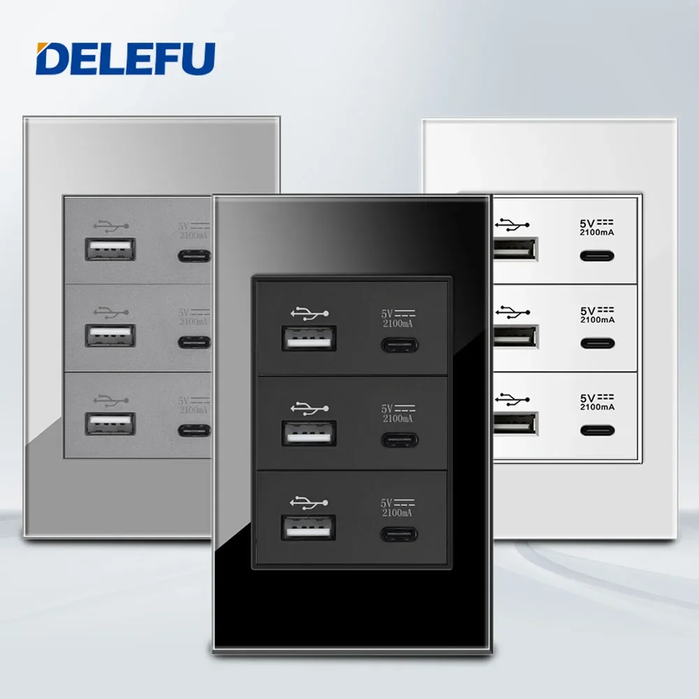 

DELEFU 4*2 Black White Grey Tempered Glass Panel Complete All Charge Tpye-c USB Wall Socket 118*74mm 2.1A 5V Outlet USB Socket