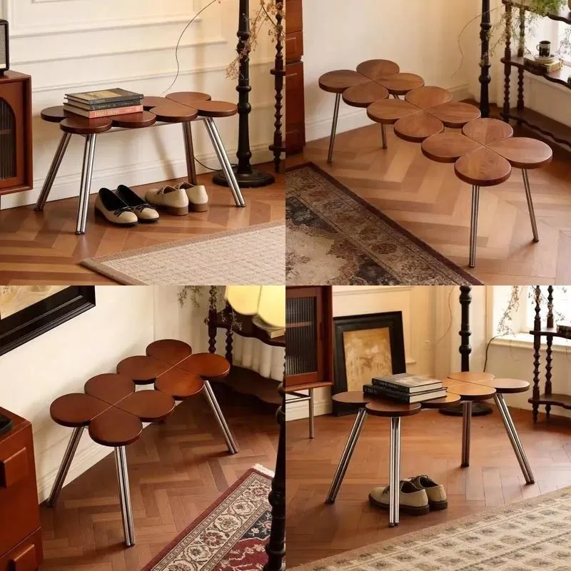 Four Leaf Clover Bench Oak Seat Stainless Steel Legs Modern Minimalist Style for Living Room Bedroom Entrance Garden