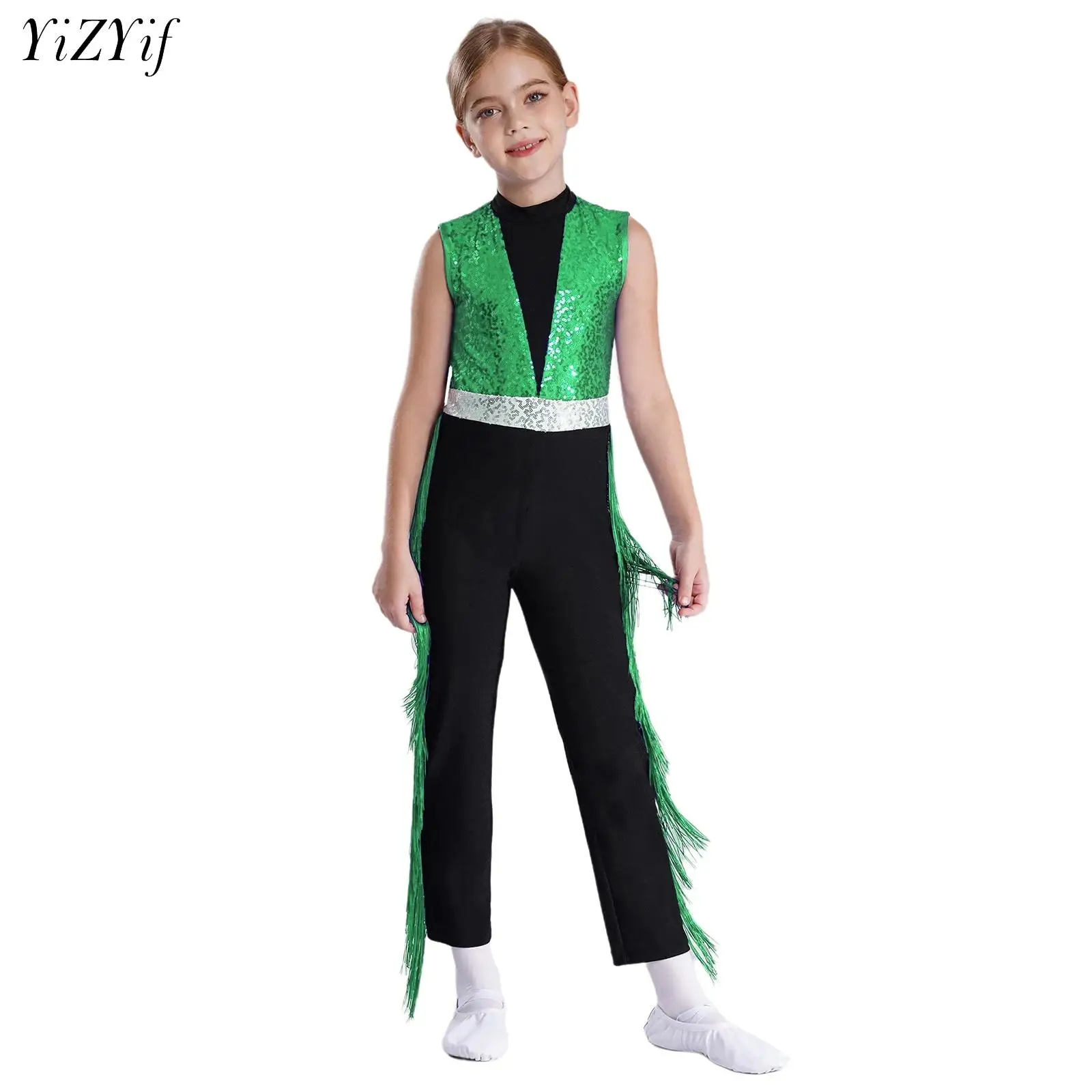 

Kids Girls Gymnastics Leotards Sequins Tassel Latin Ballet Jazz Dance Jumpsuit Full Bodysuit Disco Stage Performance Costume
