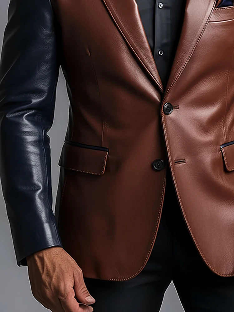 Elegant Color-block PU Leather Men Business Suit Blazer Brown Lapel Single-breasted Office Outerwear Vintage Long Sleeve Blazers
