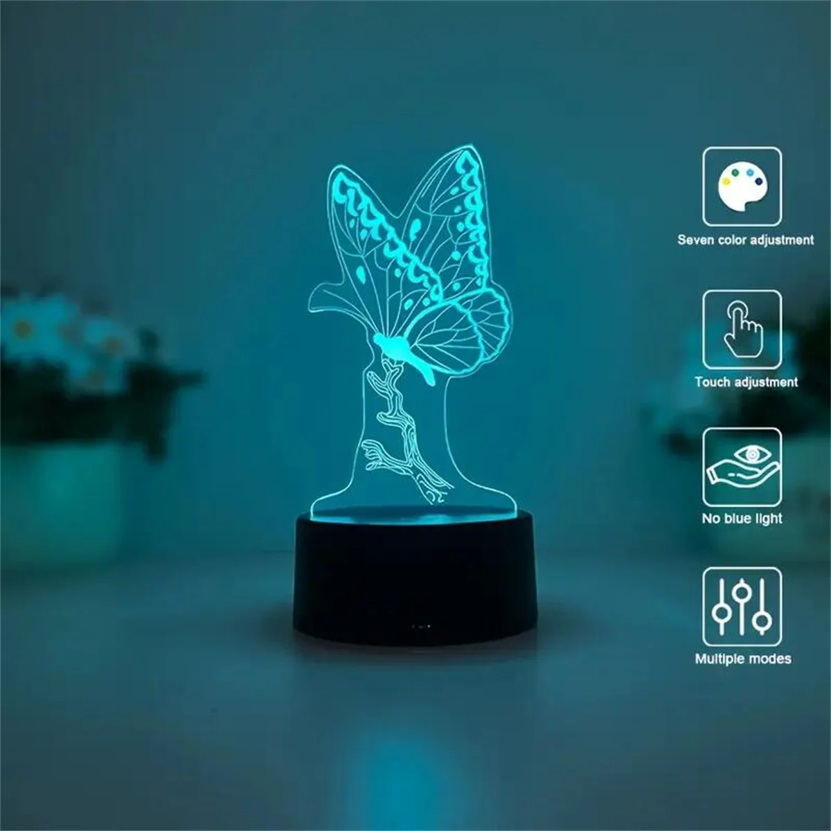 1pc  Butterfly 3D Night Light, 3D Optical Illusion Lamp With Touch, 7-Color Changing Ambient Light For Bedroom