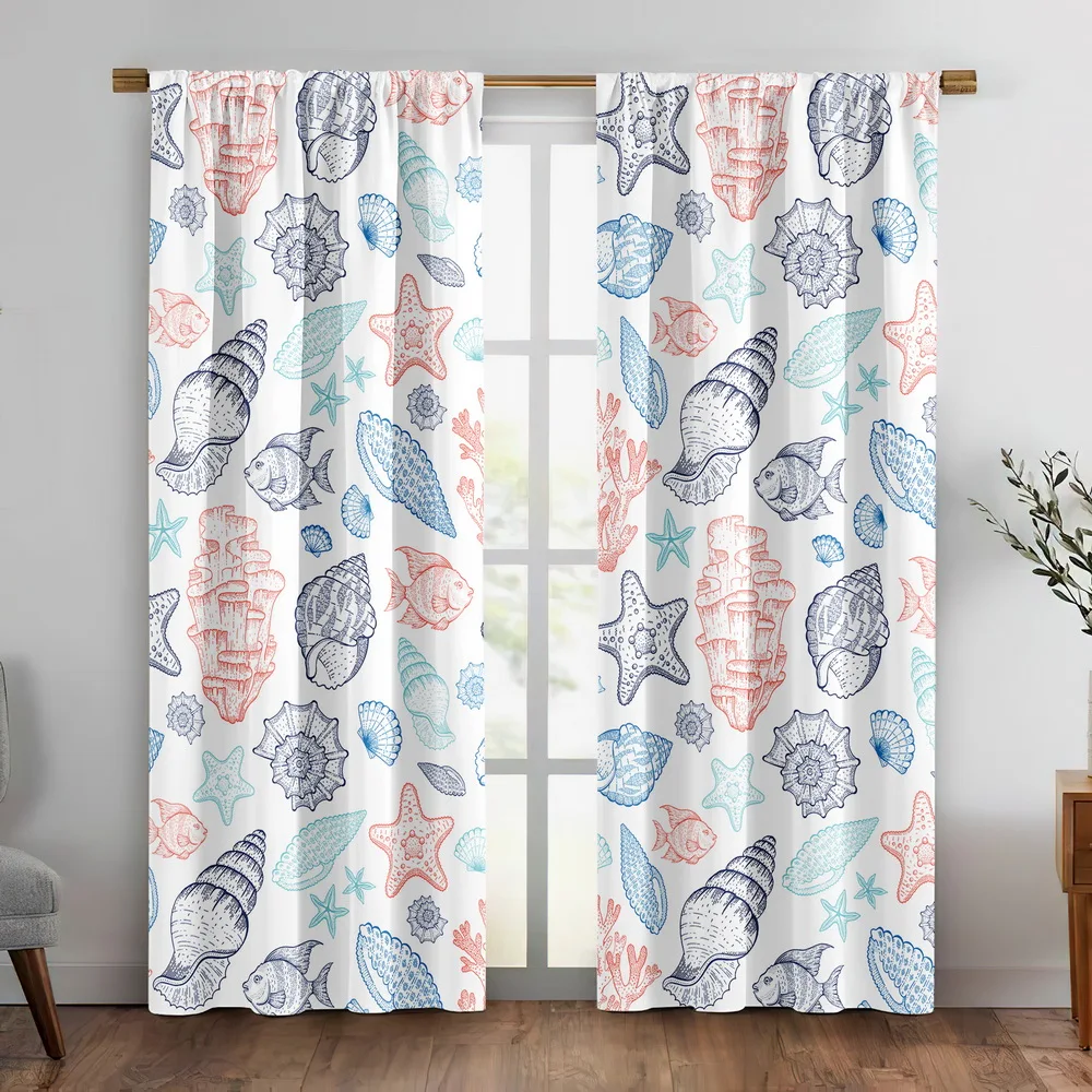 Nautical Seashell Starfish Ocean Life Print Curtains Waterproof Beach Drapes Tropical Ocean Window Coverings for Bathroom Bedroo