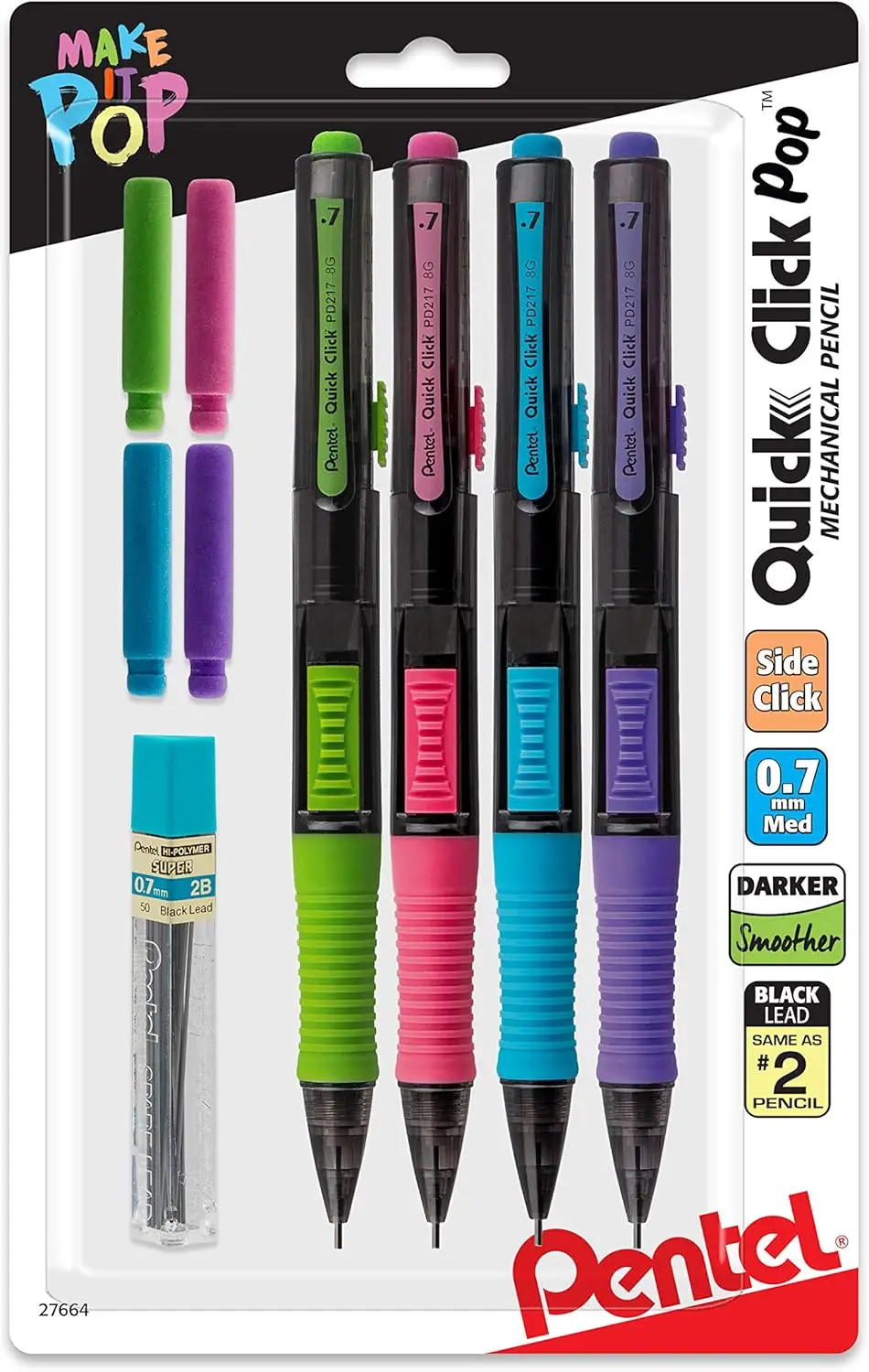 

Quick Click Pop Mechanical Pencil, 0.7mm Medium Point, Includes 2 Eraser Refills, Pack of 4 for Smooth Writing