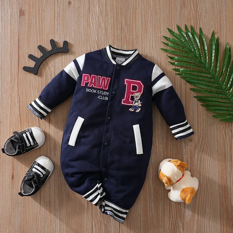 2 Pack Infant Baseball Collar Jumpsuit Cartoon Bear Patch Embroidery Striped Cuff Long Sleeve Baby Romper Set