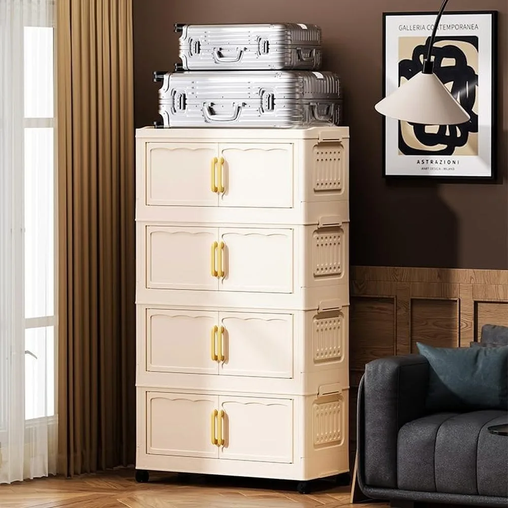 Armario de almacenamiento plegable de 4 niveles, 55 cm de ancho, armario de plástico apilable con ruedas y puertas transparentes. Organizador plegable y versátil, cajón para colocar junto a la cama, ideal para guardar ropa, juguetes, en el dormitorio, la sala de estar o la habitación de un estudiante.