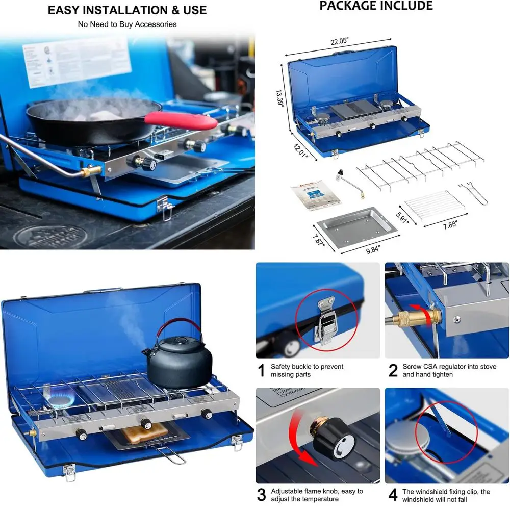 

Портативная пропановая плита с мощностью 20 400 BTU, 1 грилем и 2 конфорками для приготовления пищи на открытом воздухе