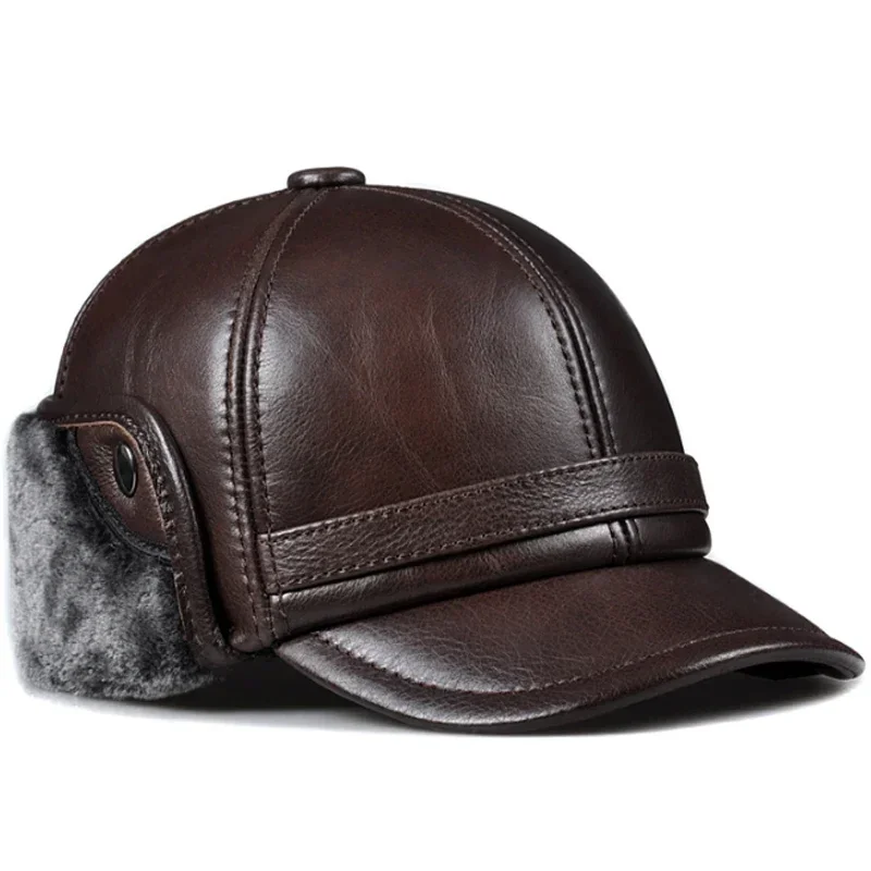 Winter Men\'s Hat Thicken Leather Cowhide Baseball Caps With Ears Warm Snapback Dad\'s Hats Sombrero De Cuero Del Hombre