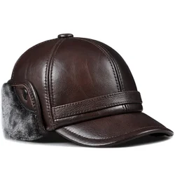 Winter Men's  Hat Thicken Leather Cowhide Baseball Caps With Ears Warm Snapback Dad's Hats Sombrero De Cuero Del Hombre