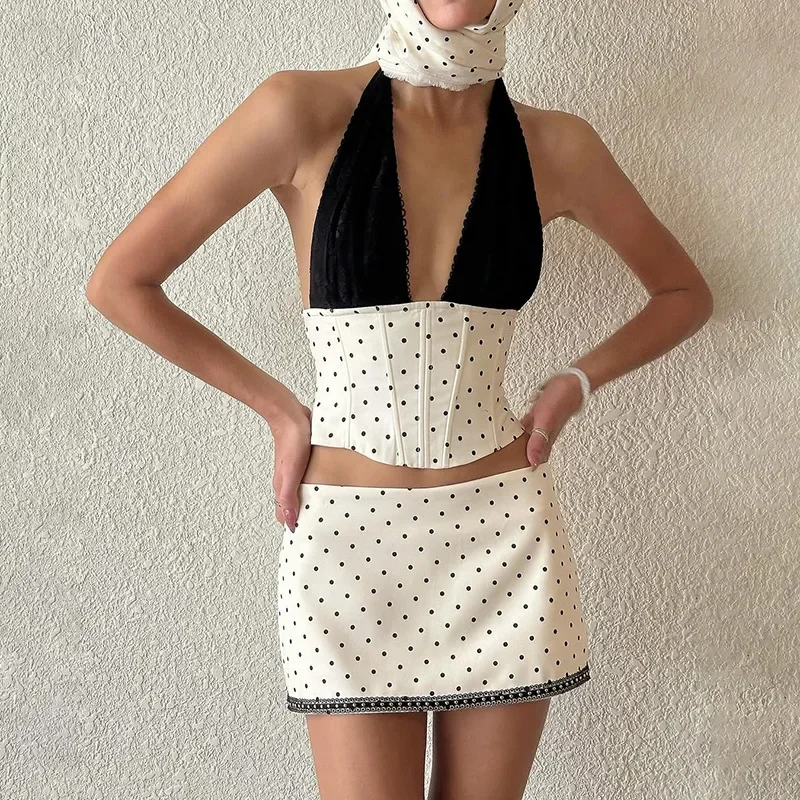 Sexy Polka Dot Mini Skirt Set Women V-neck Sleeveless Off-shoulder Halter Top Low-rise Skirts Sets 2026 New Vacation Outwear