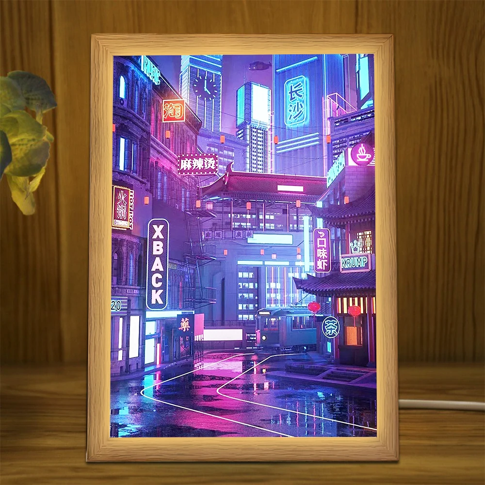 USB Plug Dimming LED Beautiful City Night Scene Lights with High-Definition Pictures, Wooden Frame Home Decoration Lights