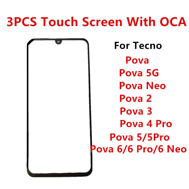 3PCS Front Screen For Tecno Pova 6 Neo 5 Pro 4 3 2 Neo 5G LE7 LG8n Touch Panel LCD Display Out Glass Replace Repair Part + OCA