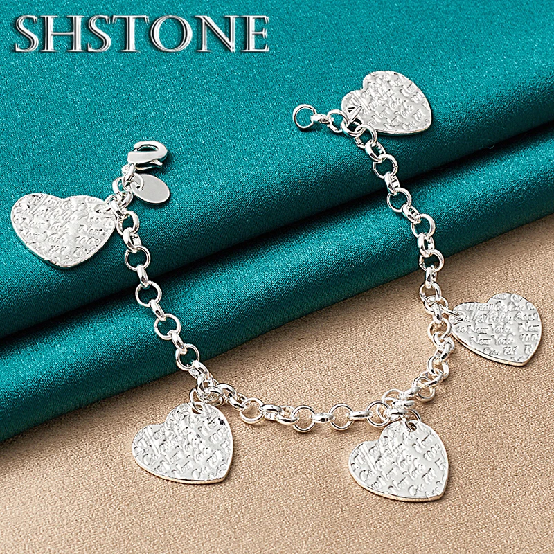 Nice 925 Sterling Silver Five Heart Pattern Chain Bracelet For Women Party Birthday Gifts Lady Fashion Charm Jewelry Accessories 2