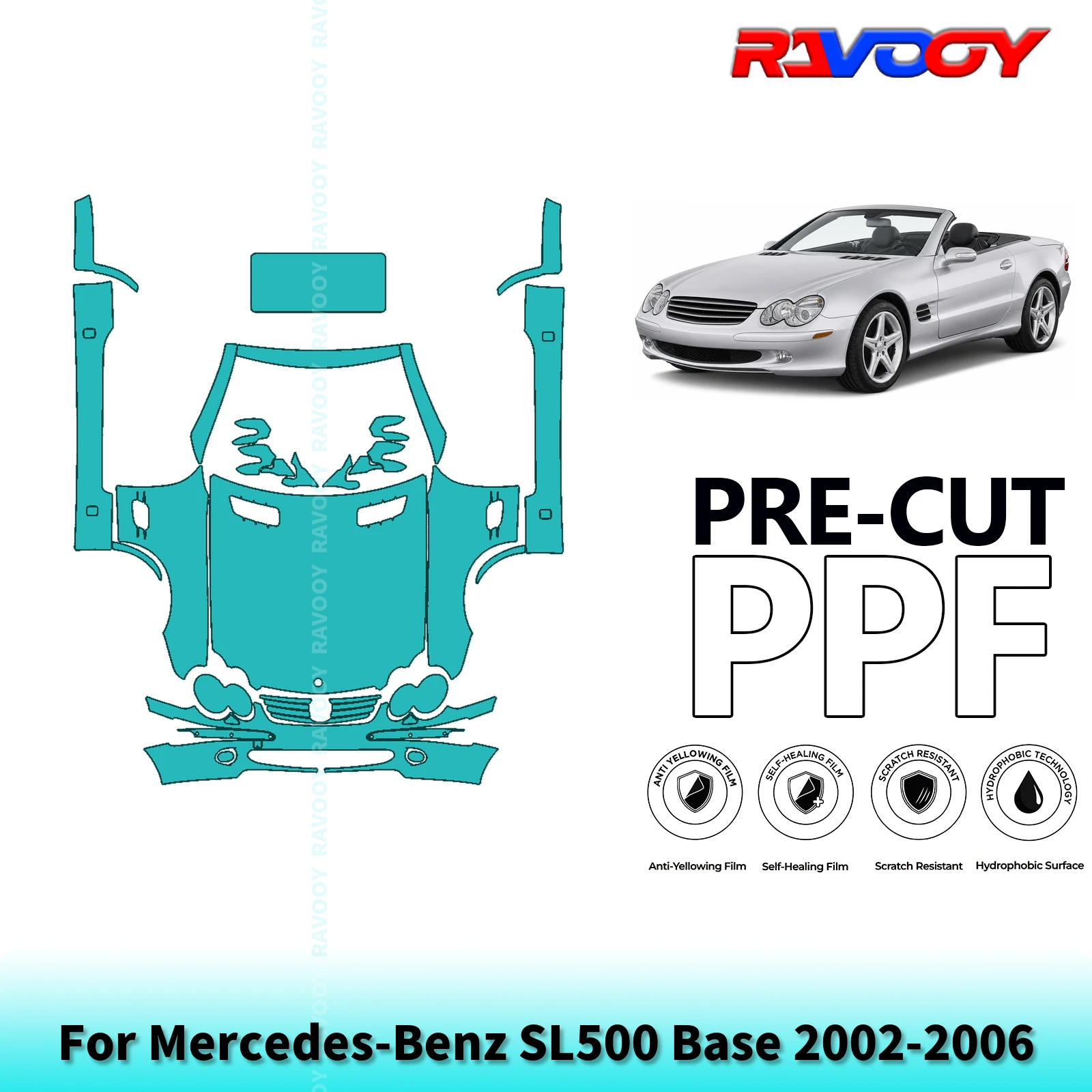 For Mercedes-Benz SL500 Base 2002-2006 Full Front+Rocker Panels 8.5Mil Pre-Cut Paint Protection Film PPF Kit | Clear/Matte/Black