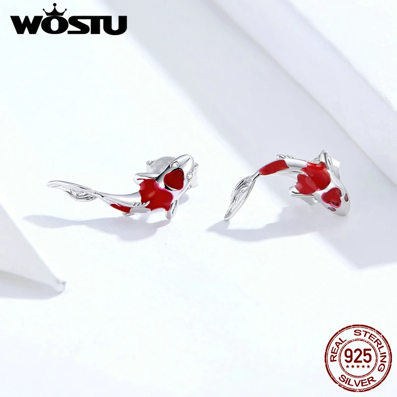 

WOSTU 100% настоящие 925 пробы серебряные красные серьги-гвоздики Koi для женщин изысканные маленькие серьги Свадебные ювелирные изделия подарок CQE812