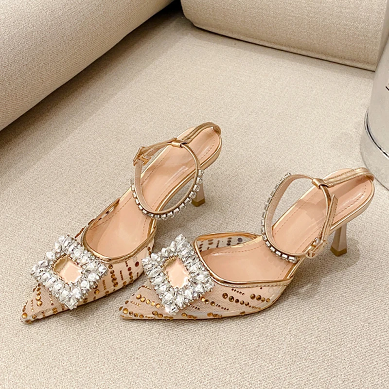 Eilyken Fashion Square Crystal Diamond Pointed Toe Mesh Women Pumps Buckle Strap Elegant Slingbacks Heels Shoes Zapatos Mujer