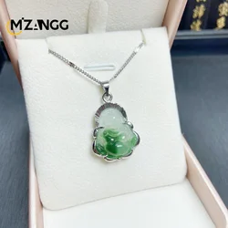 925 Silver Inlaid Jade Buddha Necklace Jadeite Ice Mini Maitreya Buddha Personalized Pendant Lucky Amulet