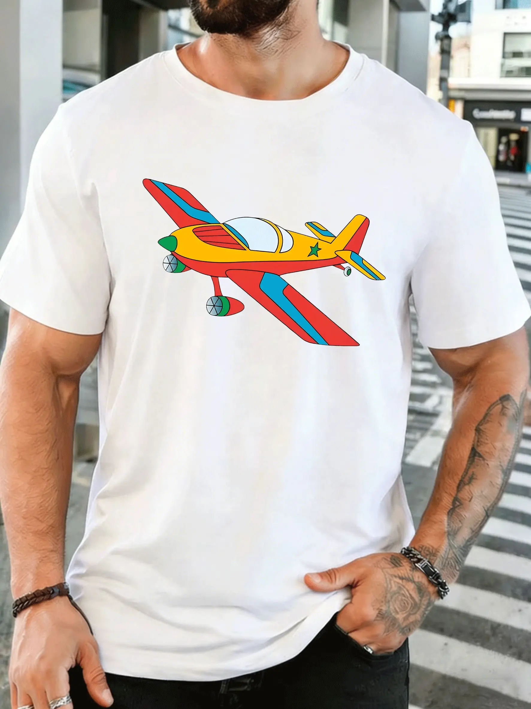 Colorful Cartoon Propeller Airplane Mens Front Print T Shirt Vintage Aircraft Graphic Tee Casual Short Sleeve Top Aviation Gift