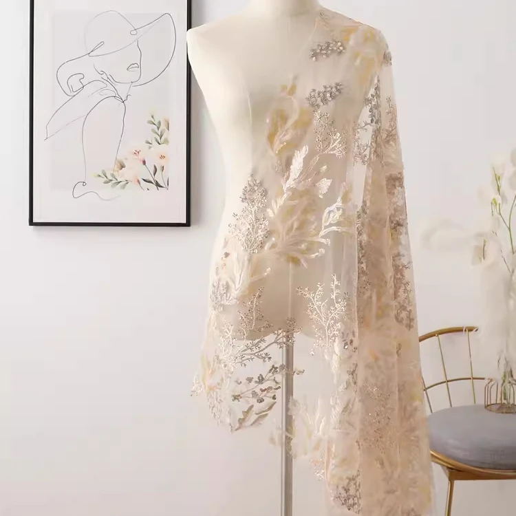 

1yard high quality lace fabrics Sequin bead tube three-dimensional embroidery tissu Dress clothing accessories material