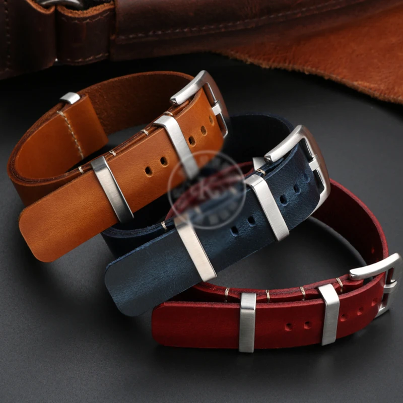 حزام ساعة رجالي من جلد البقر الأصلي بحلقات فولاذية ، حزام ساعة سيغال أوميجا ، شمع زيت شبحي مائي ، 18 ، 20 ، 22 ، 24