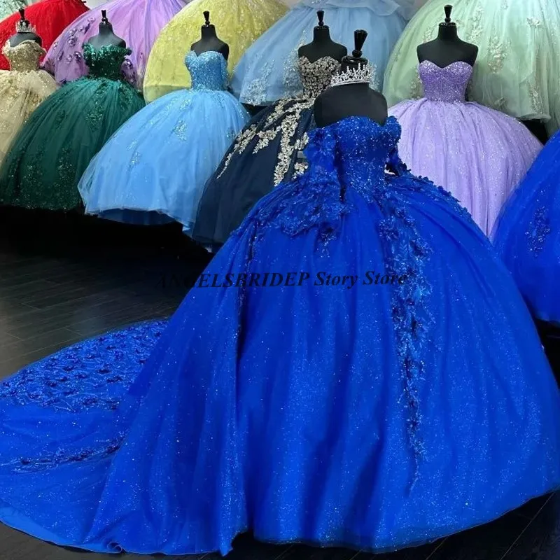 Angelsbridep-Vestido de Baile de Manga Comprida com Applique Renda e Glitter Frisado, Azul Royal, Vestidos Querida Quinceanera, 15 Anos