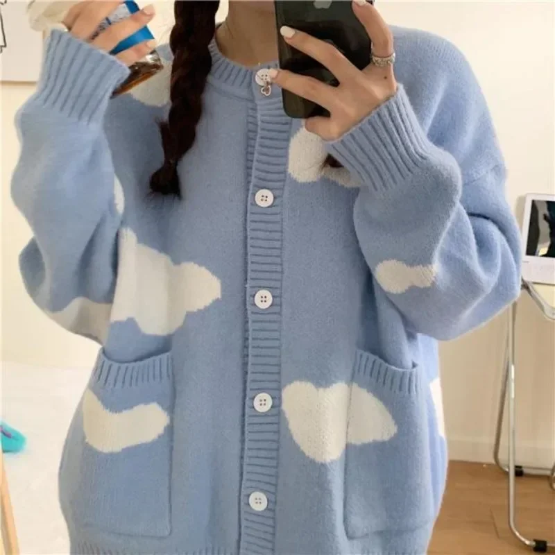 Korean Sweet Blue Sky Cloud Y2k Cardigan Women Preppy Style Loose Knitted Sweaters Coats O Neck Fashion Pockets Pull Femme