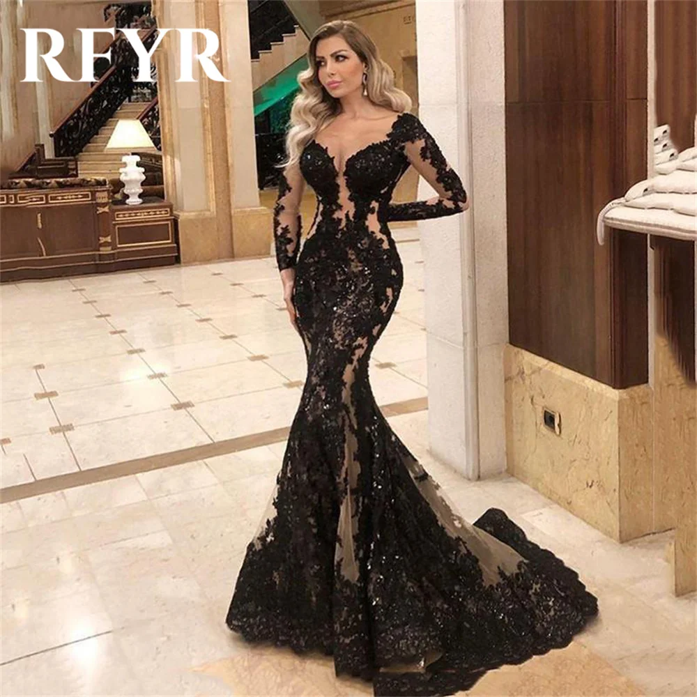 RFYR Mermaid Lace Black Prom Dress Appliques Party Dress Beading Celebrity Gowns with Long Sleeves Party Dress Customized