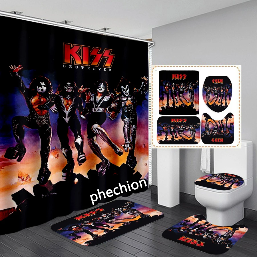 phechion Kiss Band 3D Print Waterproof Bathroom Shower Curtain Toilet Cover Mat Non-Slip Floor Mat (1/3/4Pcs) W74