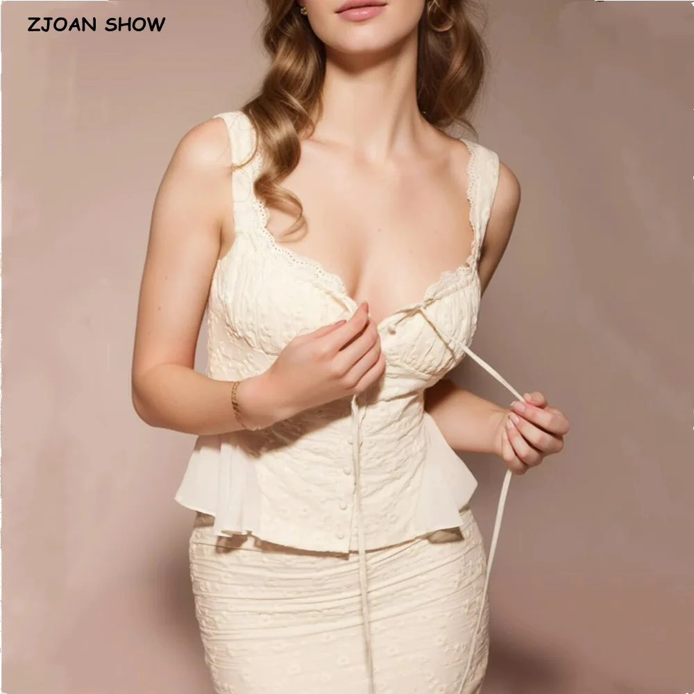 2024 Apricot Spliced Lace Bow Ruched Chest Embroidery Sexy Corset Women Summer Tank Tops Pleated Slim Through Buttons Crop Top