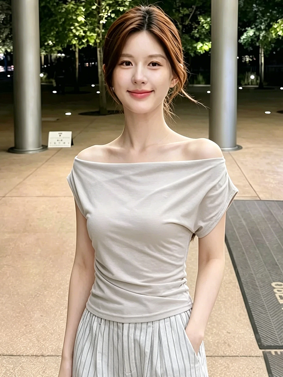 White Short Sleeve T-Shirt Women's Summer Waist-Cinching Unique Beautiful Short Style Diagonal Shoulder Top Korean Style Commute