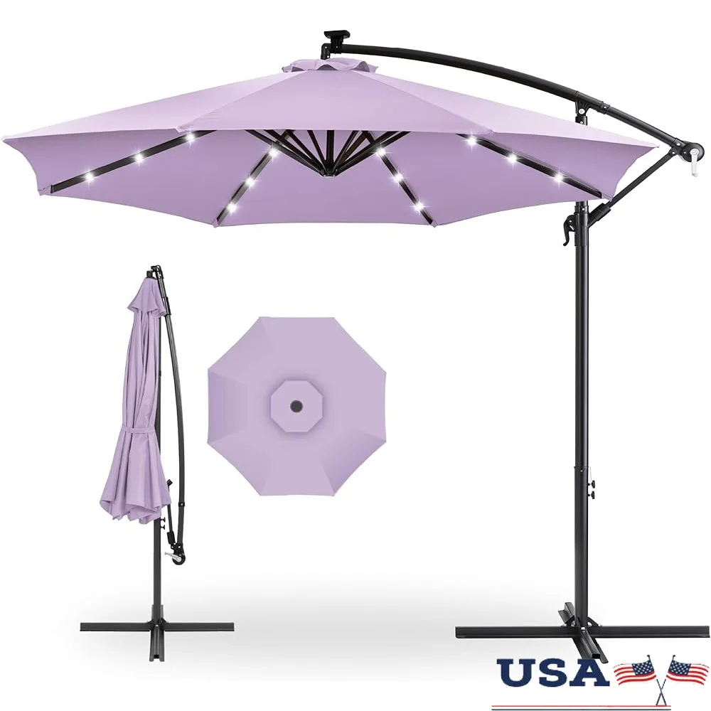 

10FT Solar LED Offset Umbrella Outdoor Patio Garden Easy Tilt Adjustable Shade Durable Polyester with Wind Vent Stable Base