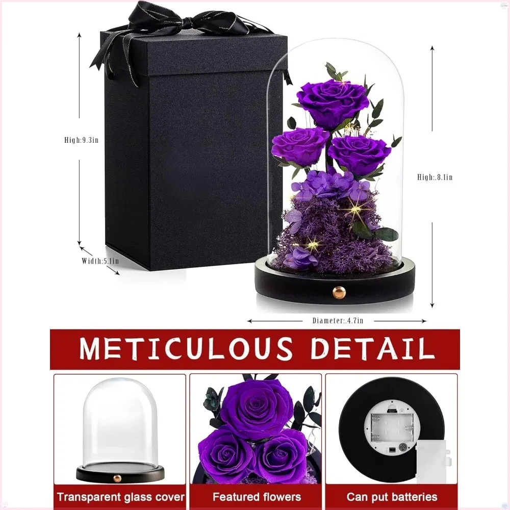 

A gift of fresh roses for Mom or Grandma, an everlasting rose in a glass dome display, perfect Christmas, anniversaries, Purple