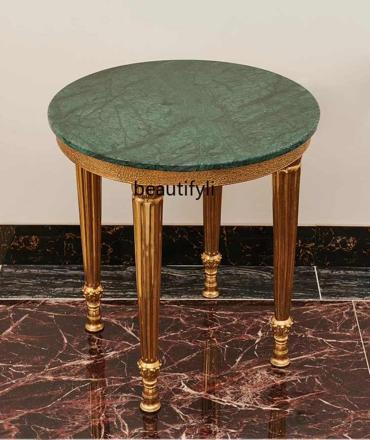 

French European Luxury Retro Simple Copper Big Flower Green Stone Table Side Table Corner Table