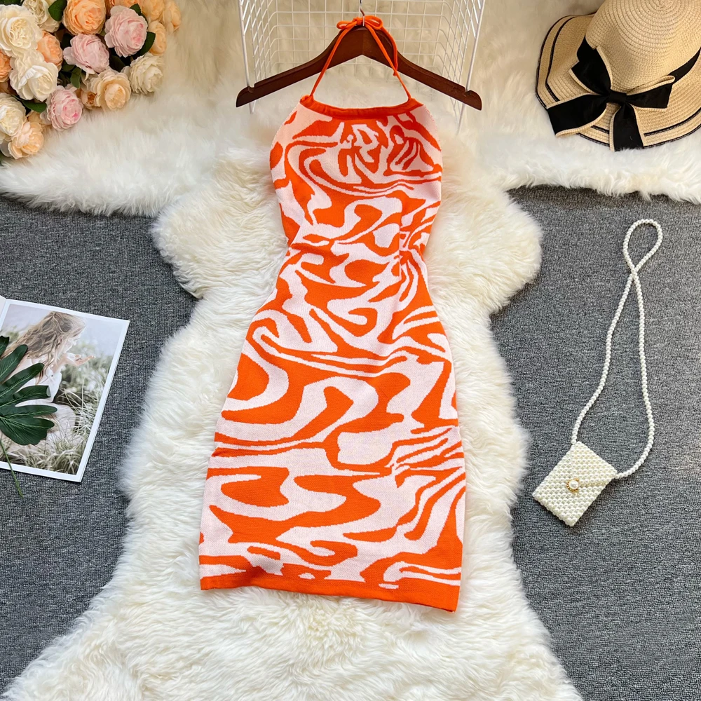 YuooMuoo Chic Fashion Sexy Package Hips Leopard Knitted Dress 2025 Summer Women Halter Bodycon Mini Dress Korean Beach Vestidos