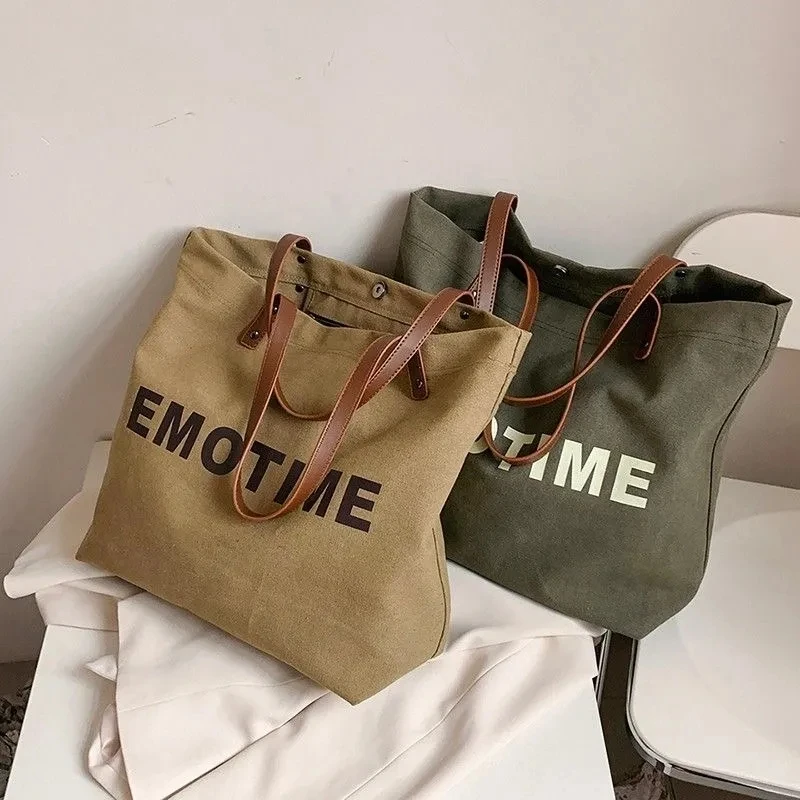 2023 Women Canvas Shoulder Bag Letter Printing Ladies Casual Handbag Tote Bag Large Capacity Cotton Reusable Shopping Beach Bag