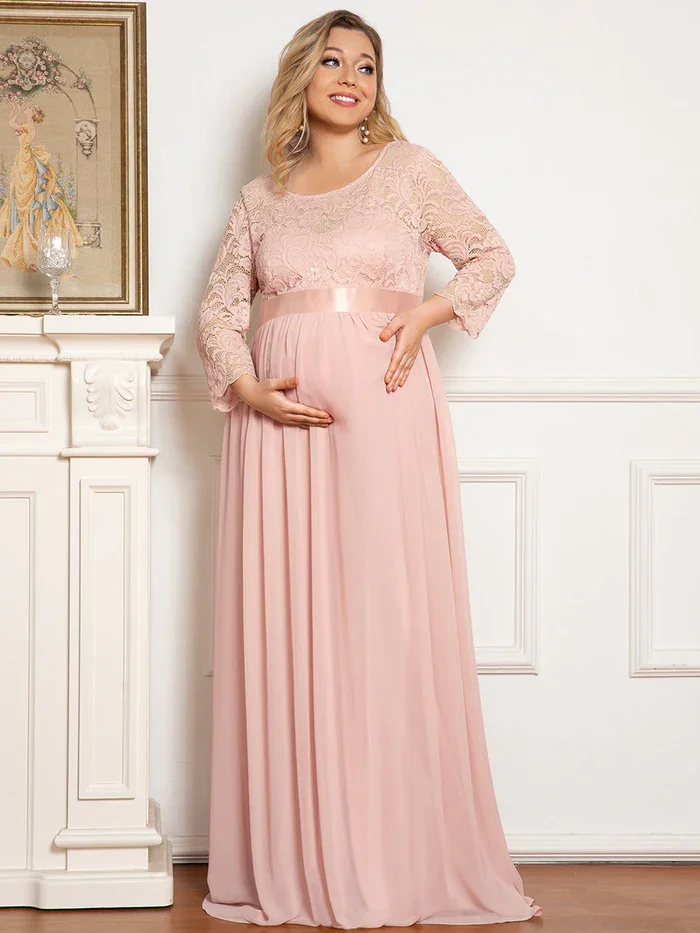 

Women's Round Neck Plus Size Lace Maxi Chiffon Maternity Party Dress with Sleeves A-Line Floor-Length Maternity Dresses