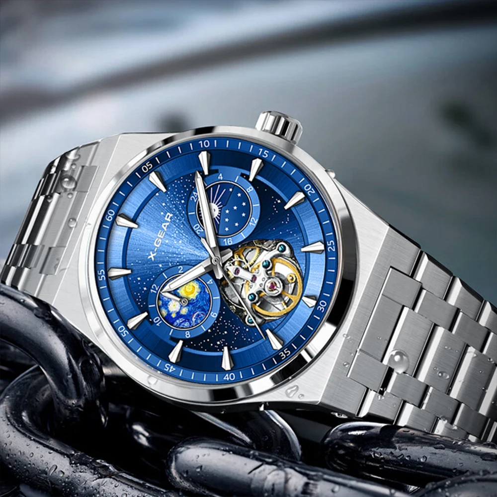 

X-GEAR мужские роскошные механические наручные часы с автоматическим механизмом, водонепроницаемые светящиеся деловые стильные полые мужские часы