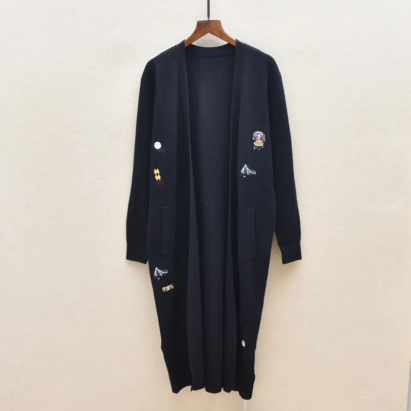 

Spring Autumn Large Size Women's Knitted Cardigan Embroidered Core Spin Yarn Medium Length Open Front Sweater awl Coat