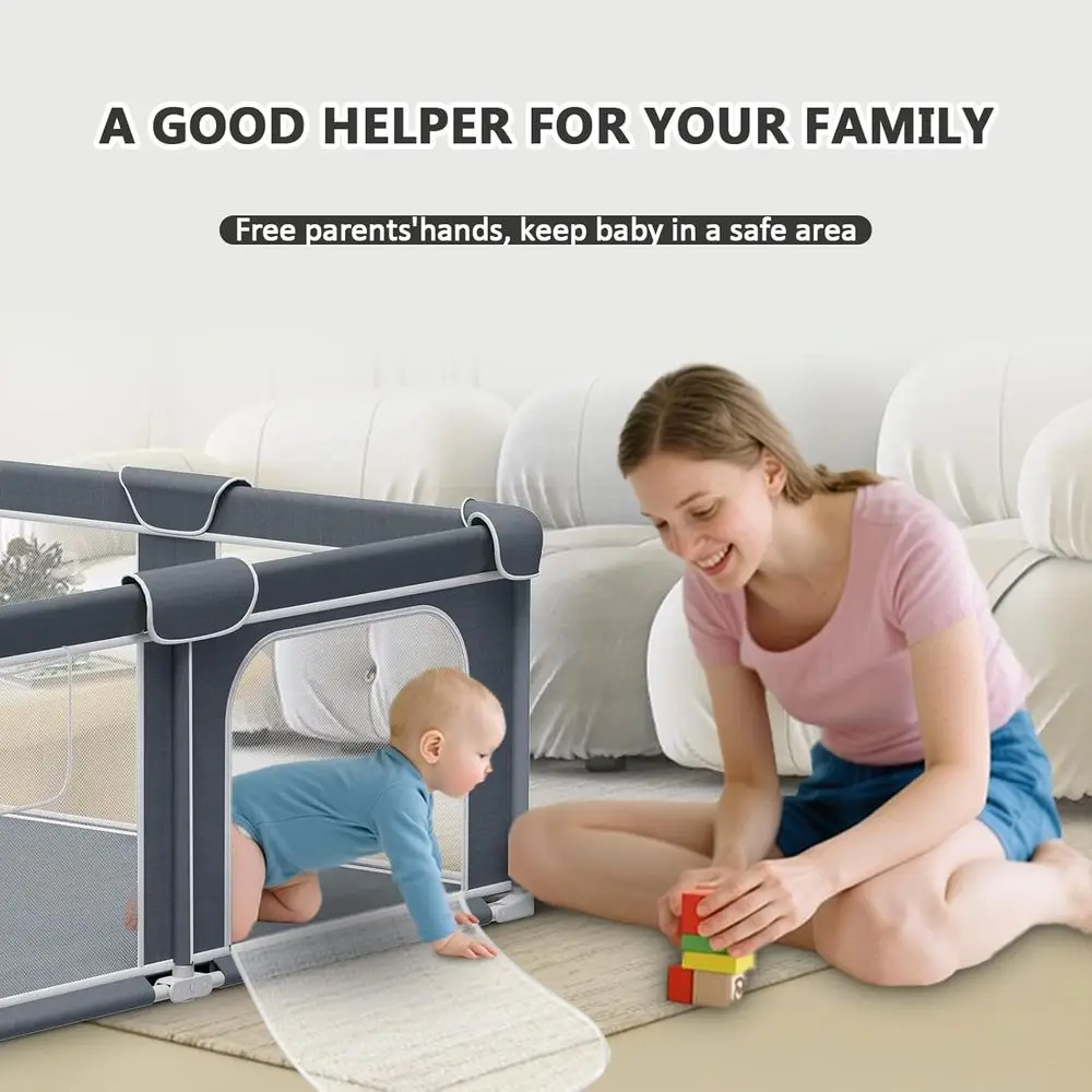 روضة أطفال محمولة مقاس 50 × 50 قابلة للطي مع حصيرة للأطفال والأطفال الصغار، إطار معدني وجدران شبكية، منطقة لعب داخلية/خارجية #6