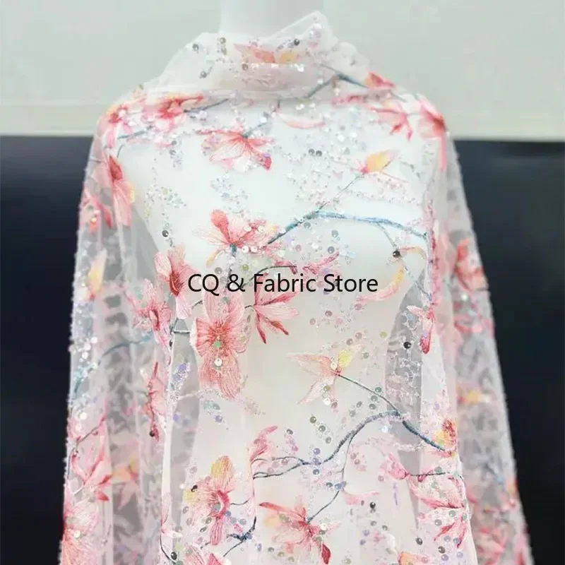 

Разноцветная вышитая сетчатая кружевная ткань с блестками для свадебного платья Cheongsam, дизайнерская ткань, художественное ремесло, шитье