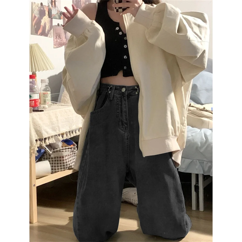 Dark Blue Womens Jeans High Waist Vintage Straight Baggy Denim Pants Streetwear American Style Fashion Wide Leg Denim Trouser