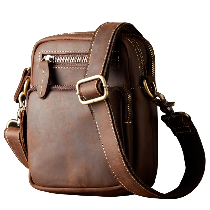 Retro Crazy Horse Leather Men\'s Shoulder Bag Casual Small Cross body Bag Handmade Vintage Genuine Cowhide Leather Messenger Bag