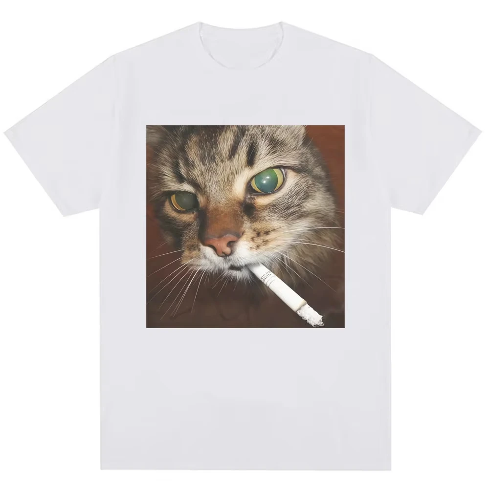 Moda masculina vintage camisetas engraçado fumar cigarro gato meme gráfico camiseta solta puro algodão casual t camisa streetwear