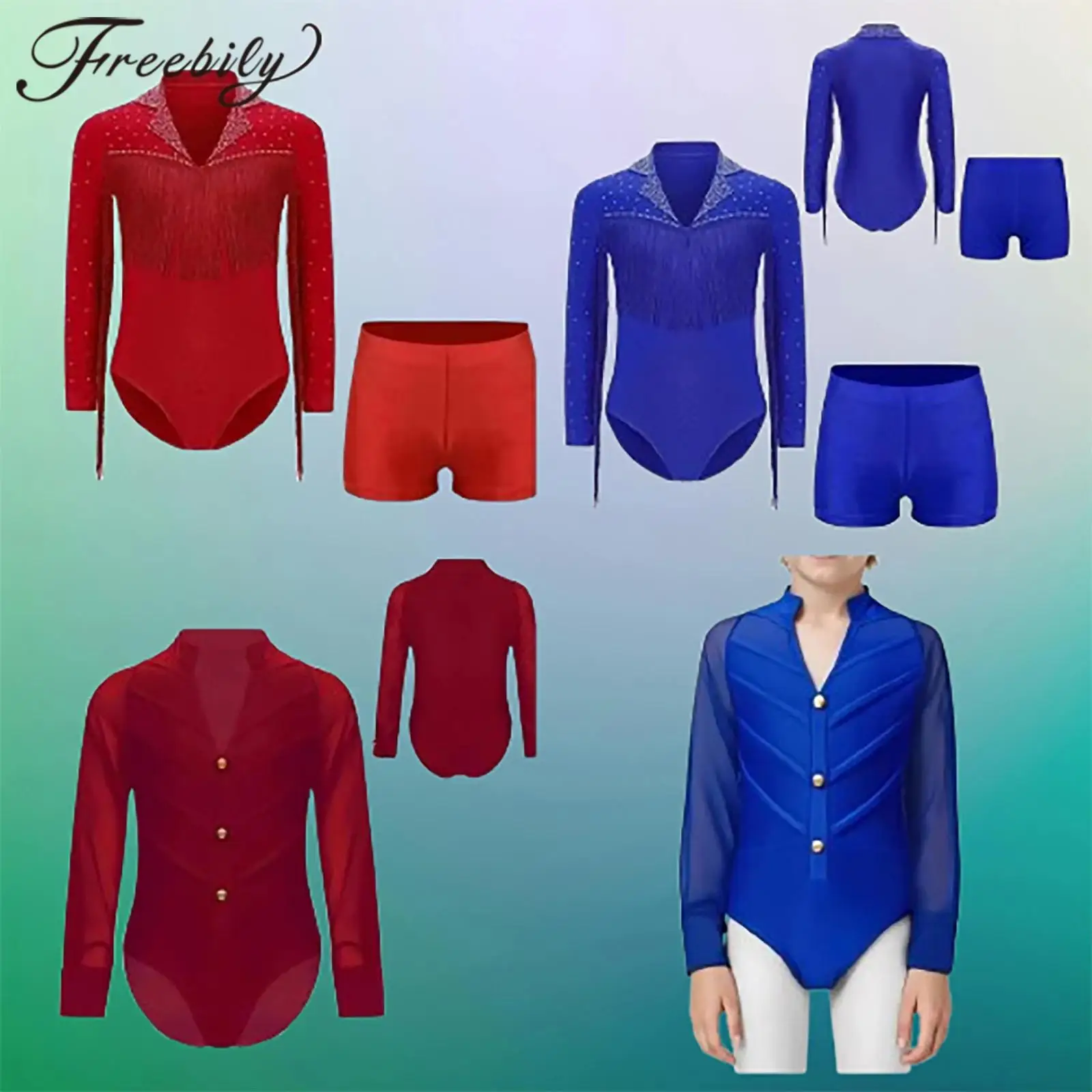 

Kids Boys Gymnastics Dance Leotard Long Sleeve Chacha Latin Ballroom Acrobatics Bodysuit Stage Performance Jumpsuits Dancewear