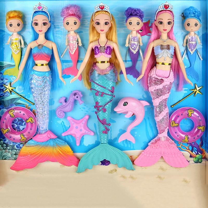 10 Piece Set Cute Mermaid Princess Doll With Light Accessories Pretend Play Toy Girl Play House Toys Kids Girls Birthday Gift