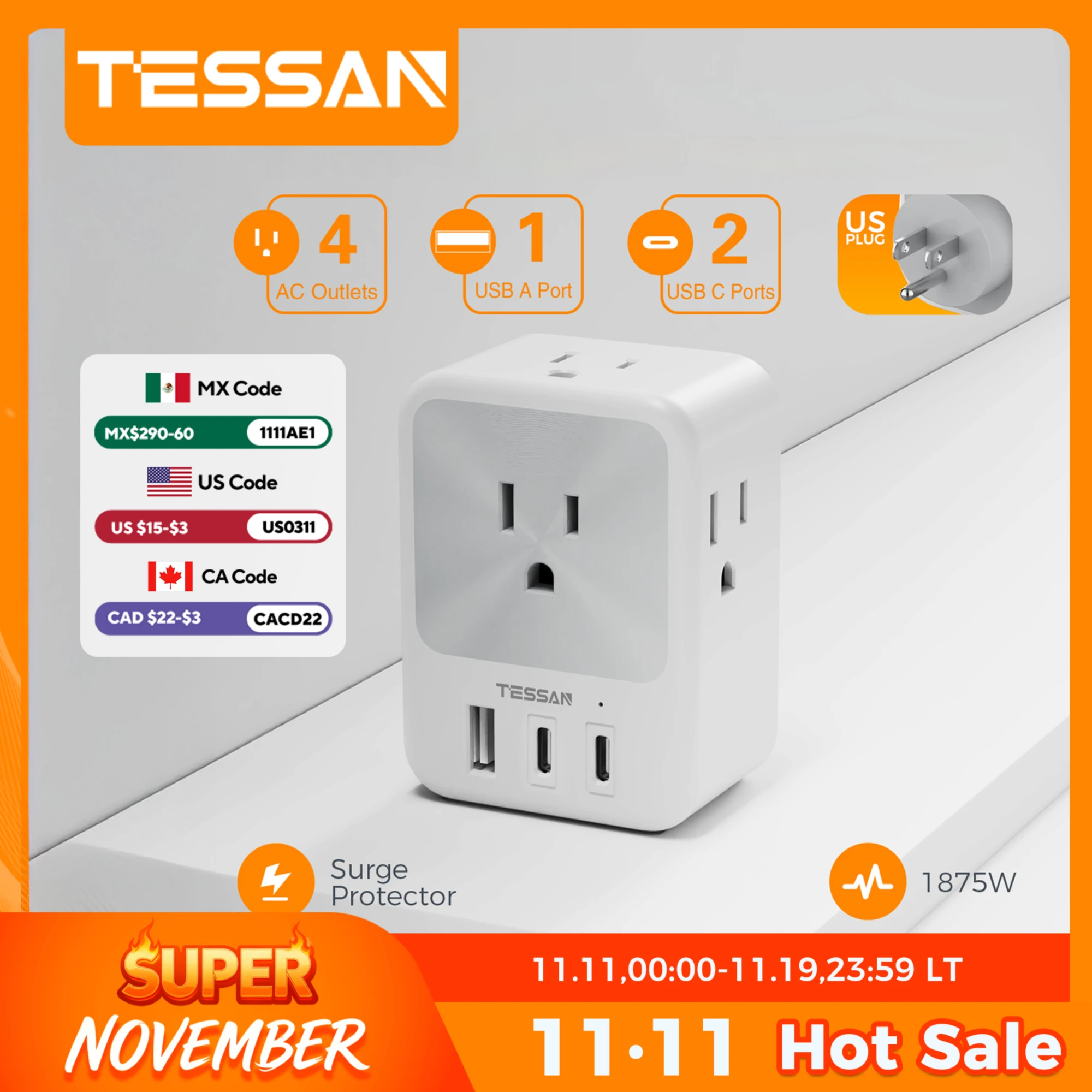 

TESSAN US Plug Power Strip с розеткой 4AC и 3 USB-портами для зарядки Многоконтактное электрическое розетка с защитой от перенапряжения для дома