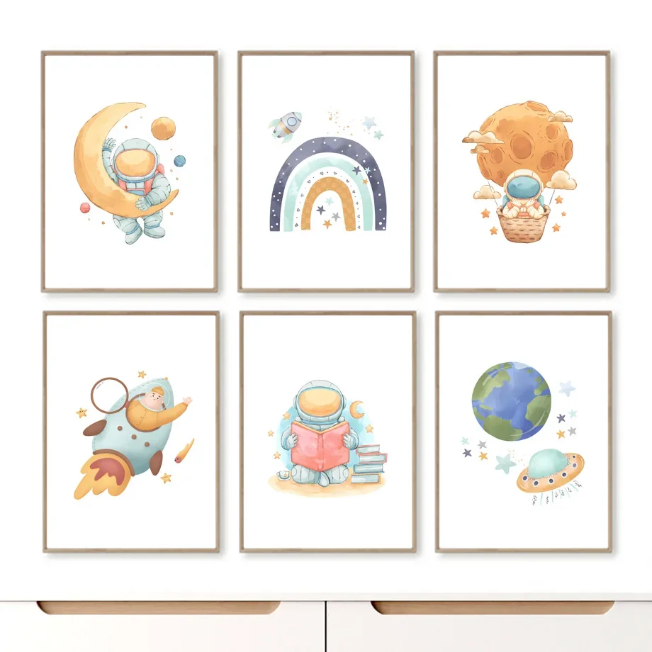 

Space Rainbow Earth Moon Astronaut Rocket Spaceship Star Wall Art Canvas Posters Prints Nursery Pictures Kawaii Kids Room Decor