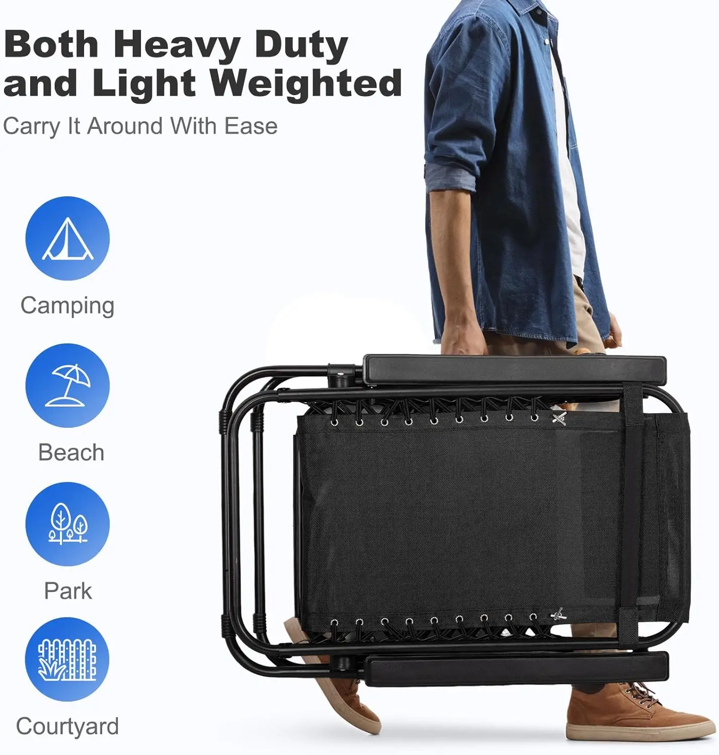 مجموعة من كرسيين مريحين للفناء، كرسي فولاذي قابل للتعديل، كرسي صالة بدون جاذبية، كراسي الشاطئ، حامل أكواب، أسود