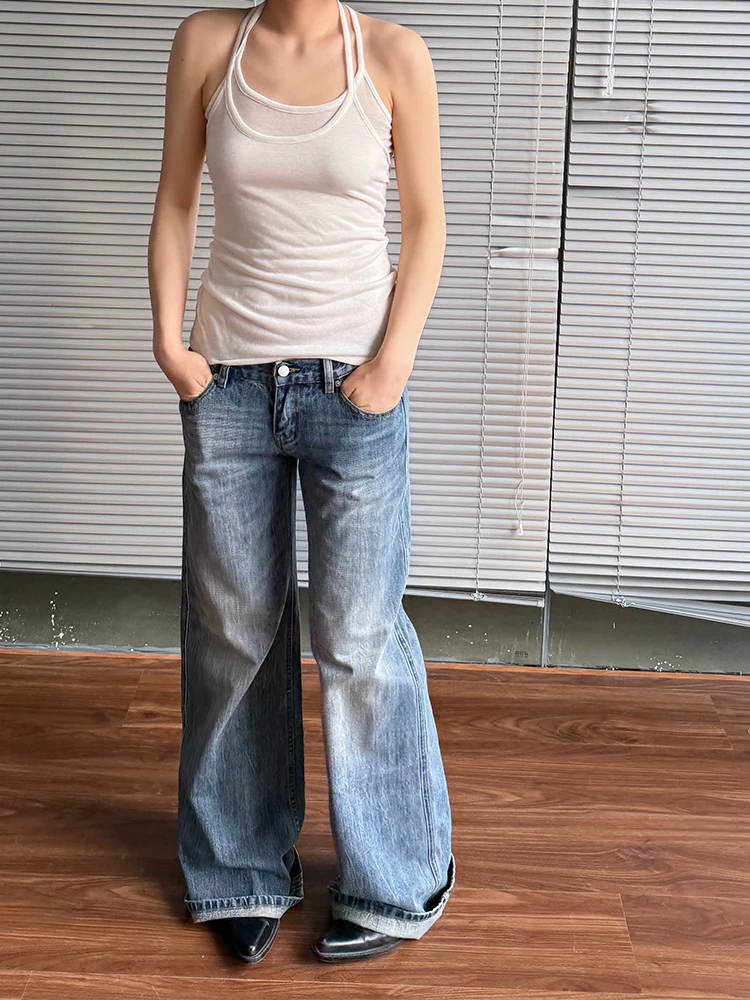 

Широкие джинсы с низкой талией Tie Dye adient Color, летние тонкие синие джинсовые повседневные длинные брюки с высокой талией для молодых женщин